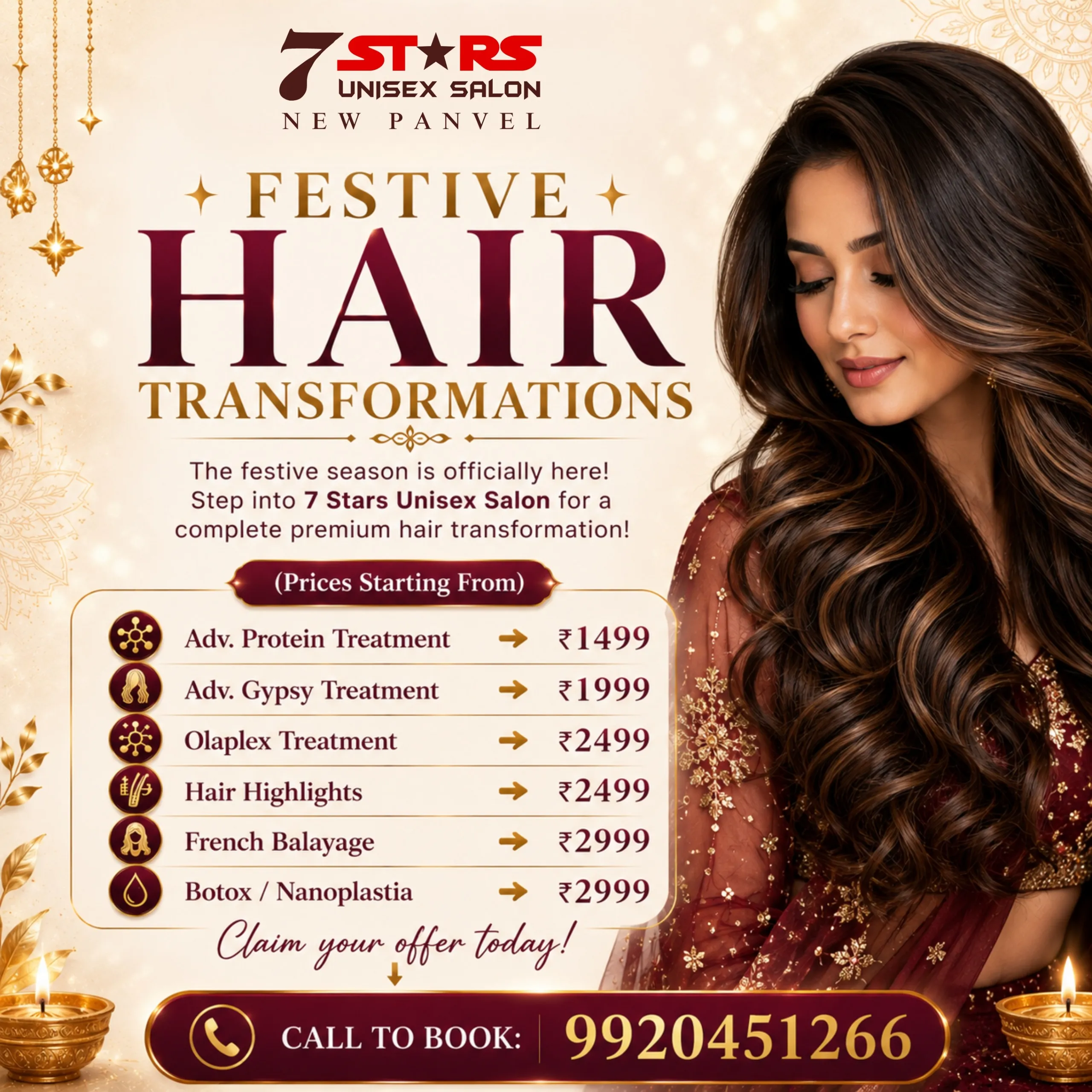 A festive promotional graphic for 7 Stars Unisex Salon in New Panvel titled "Festive Hair Transformations." The design shows a woman with long, voluminous, highlighted wavy hair wearing a deep red traditional outfit, surrounded by glowing festive lights, hanging ornaments, and lit diyas. The menu lists starting prices for hair services: Adv. Protein Treatment for ₹1499, Adv. Gypsy Treatment for ₹1999, Olaplex Treatment for ₹2499, Hair Highlights for ₹2499, French Balayage for ₹2999, and Botox / Nanoplastia for ₹2999. A call-to-action at the bottom reads "Claim your offer today! Call to Book: 9920451266.