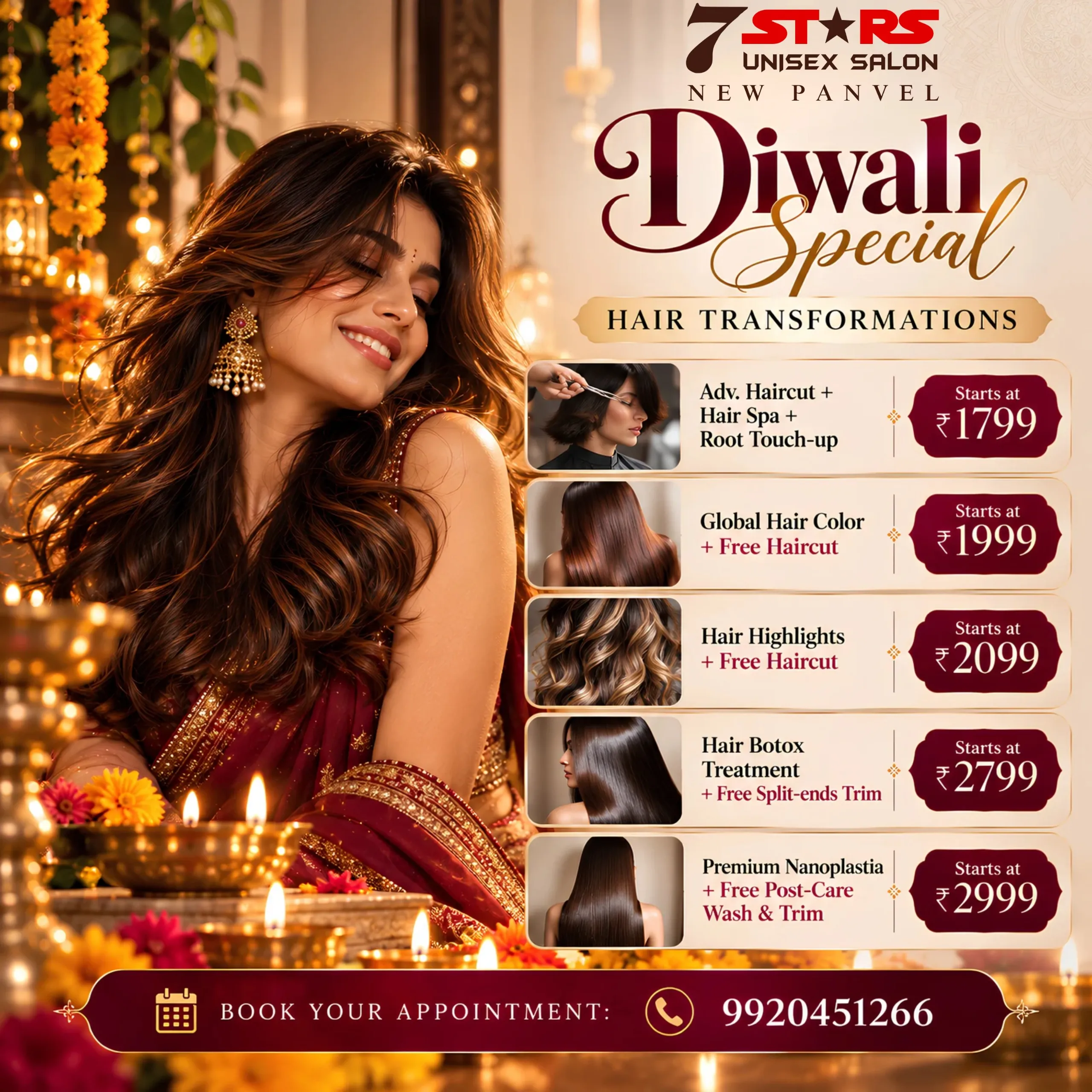 An elegant promotional poster for 7 Stars Unisex Salon in New Panvel announcing a "Raksha Bandhan Special ₹1000 Festive Offer." The text prompts the viewer to "Choose Your Treat," offering either a Manicure & Pedicure or a Relaxing Hair Spa. The design features a traditional ornate Rakhi, a gold-wrapped gift box, pink flowers, and a call to action to book at 9920451266.