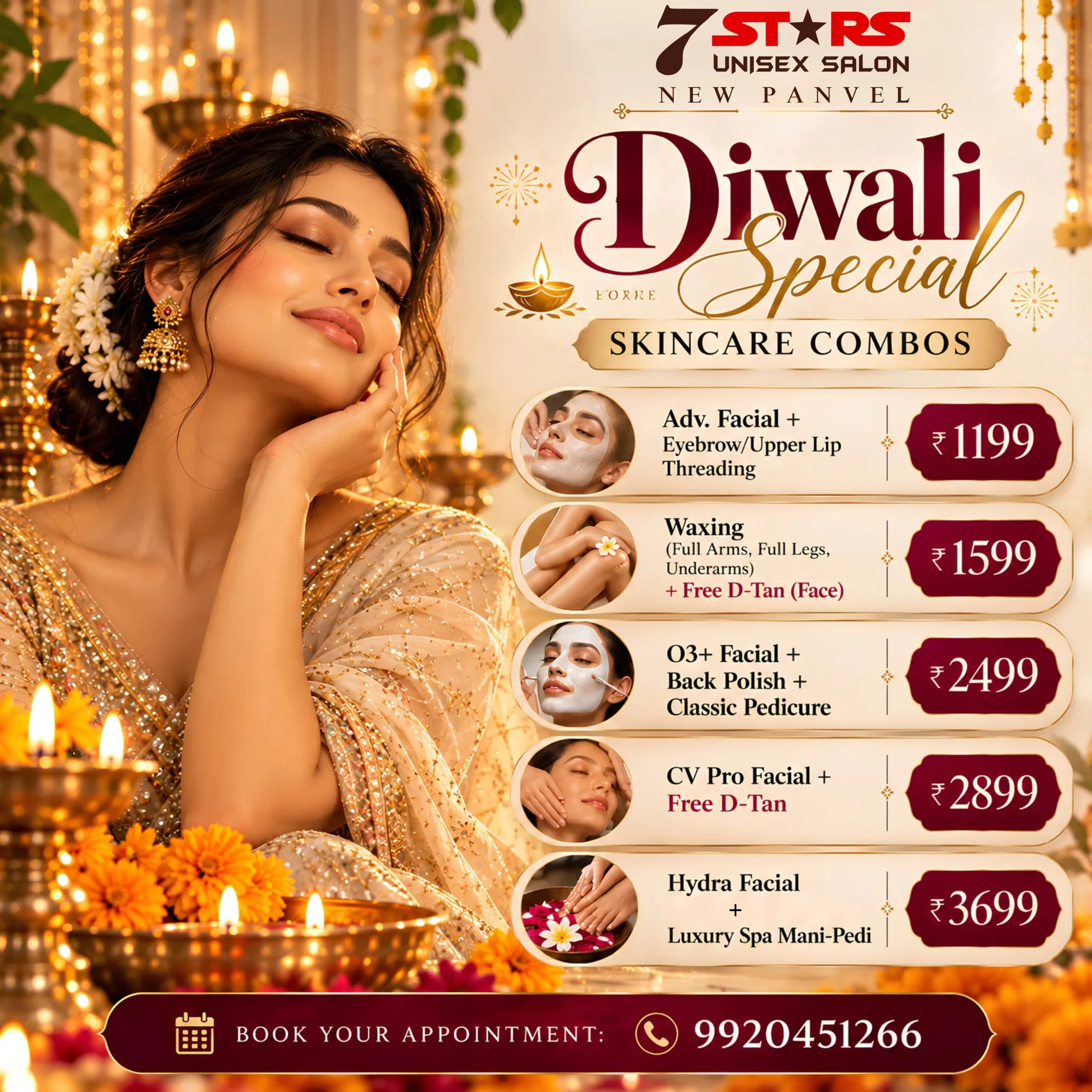 A festive promotional graphic for 7 Stars Unisex Salon in New Panvel titled "Festive Hair Transformations." The design shows a woman with long, voluminous, highlighted wavy hair wearing a deep red traditional outfit, surrounded by glowing festive lights, hanging ornaments, and lit diyas. The menu lists starting prices for hair services: Adv. Protein Treatment for ₹1499, Adv. Gypsy Treatment for ₹1999, Olaplex Treatment for ₹2499, Hair Highlights for ₹2499, French Balayage for ₹2999, and Botox / Nanoplastia for ₹2999. A call-to-action at the bottom reads "Claim your offer today! Call to Book: 9920451266.